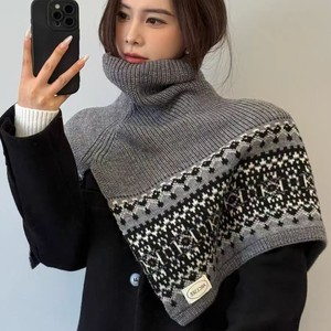 Chal de punto estilo francés Fair Isle con cuello alto para mujer, chal grueso retro de invierno, capa exterior cálida y a capas - Product Image 1