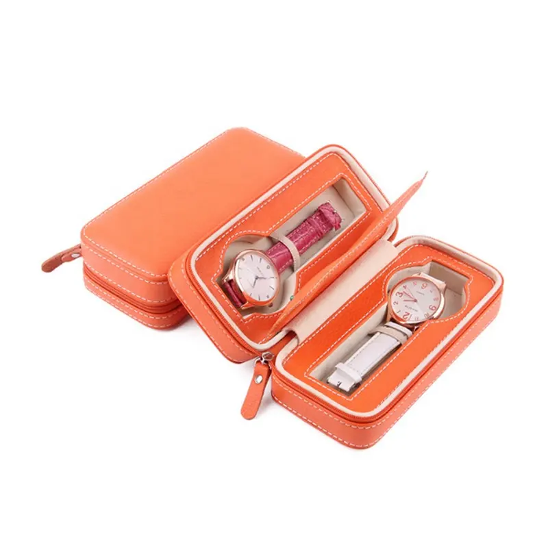 Luxury Burnt Orange Genuine Leather 2 Slot Women Lady Zipper Travel Watch Storage Organizer Case