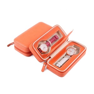 หรูหราBurnt Orangeของแท้หนัง 2 สล็อตผู้หญิงLady Zipperนาฬิกาเดินทางจัดเก็บกรณี - Product Image 1