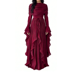 เดรสยาวทรงดินสอผ้าทอธรรมชาติสีพื้นสำหรับผู้หญิง คอแบบผูก สายเดี่ยว แต่งระบายแขนสไตล์วินเทจ และกระโปรงทรงระบายเป็นชั้นๆ - Product Image 2