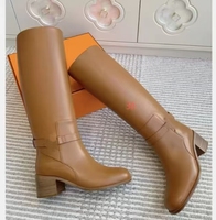 Bottes d'équitation montantes pour femme, en cuir noir, à bout rond, talon carré, avec fermeture éclair latérale, pour l'hiver, avec boucle, fabrication OEM ODM sur mesure, tailles 35-43