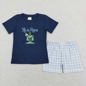 Ropa de Pascua al por Mayor para Niños, Conjunto de Manga Corta con Bordado de Él ha Resucitado, Trajes de Boutique de Primavera para Niñas y Niños Pequeños - Product Image 4