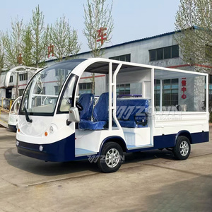 Navette électrique de tourisme avec côtés ouverts et avant fermé, carrosserie blanche, sièges bleus, pour le transport en parc - Product Image 5