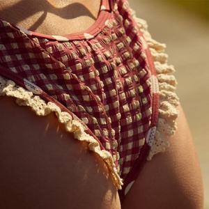 Traje de Baño de una Pieza para Mujer, Estampado a Cuadros, con Volantes, Traje de Baño de una Pieza de Nailon Reciclado Personalizado - Product Image 5