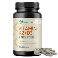 Comprimés de Vitamine K2 MK7 D3 2-en-1 OEM, Sans OGM, Sans Gluten, Sans Soja, 360 Comprimés, Bouteille Noire, Complément Alimentaire en Gros
