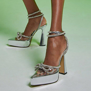 2025 New Transparent Pointed Toe Rhinestone Bow <b>Decorated</b> Fairy Shoes Thick Heel Sandals for Outdoor <b>Summer</b> Activities - Product Image 2