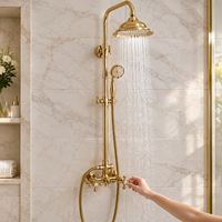 Ensemble de douche apparent en laiton doré antique avec pommeau pluie, douchette téléphonique et poignée croisée pour salle de bain, vente en gros