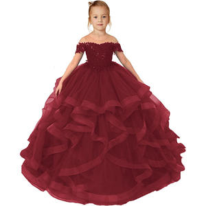 低Moqカスタムキッズイブニングパーティードレスベビーガールズページェントドレスオフショルダーマルチレイヤードフラワーガールドレスレース付き - Product Image 1
