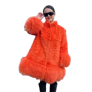 Winter Fashion Fur Coat Beautiful Orange Color Real Rex Rabbit Fur Shared Jackets With Genuine Lambe Fur