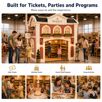 Village de jeu de rôle en bois modulaire à deux étages, maison de marché avec balcon et devanture de magasin, testé par une tierce partie, zone de centre commercial