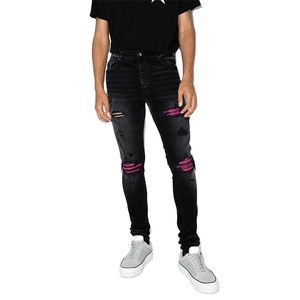 Jeans déchirés pour hommes DiZNEW, noirs, avec des déchirures aux <span class=keywords><strong>genoux</strong></span> et des patchs violets - Product Image 1