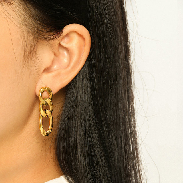 18K Gold Plated Jewelry  Stainless Steel Three Link Chain Earrings
