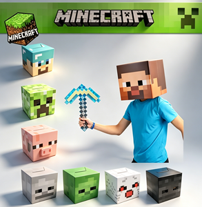 Máscara de Cabeza de Cubo Pixelado de <span class=keywords><strong>Minecraft</strong></span> en Caja de Cartón - Disfraz Infantil para Halloween, Fiestas de Cumpleaños y Eventos Temáticos de Videojuegos - Product Image 1