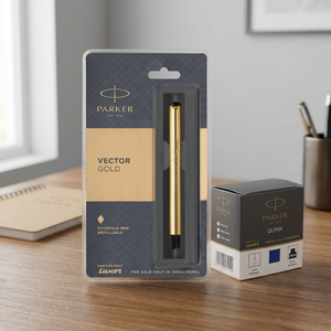 Parker Vector <b>Gold</b> GT Fountain <b>Pen</b> Quink Ink Bottle Blue 3 Piece Set Steel Model P36 - Product Image 2
