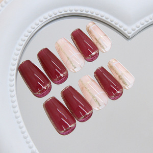 24 pièces de faux ongles en plastique à couverture complète, style rétro gentleman, motif écossais <span class=keywords><strong>rouge</strong></span> bordeaux brillant, forme carrée, amovibles - Product Image 3