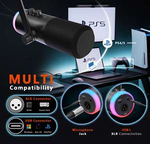 Microphone dynamique RGB professionnel avec support de bureau, USB XLR, microphone de jeu, enregistrement en studio - Product Image 3