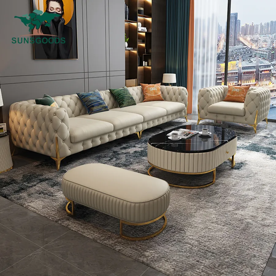 Venta caliente Muebles para el hogar Sofá Chesterfield Conjunto Sala de estar Fabricante Diseño Sofás Sofá Seccional de cuero