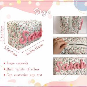 Custom Crochet Floral <b>Quilted</b> Classic Cotton <b>Makeup</b> <b>Bag</b> Personalized Chenille Name Travel Toiletry Pouch Zipper Organizer - Product Image 6