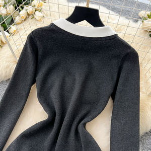 Abito in Maglia a Maniche Lunghe con Colletto a Contrasto per Donna Primavera 2025 (Midi Plissettato con Vita Impero) Stampa Floreale ODM Casual <span class=keywords><strong>Quotidiano</strong></span> - Product Image 5