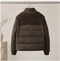 Doudoune courte marron foncé pour femme en cuir de mouton fendu et fausse fourrure, col montant, duvet de canard blanc, vêtement d'extérieur d'hiver