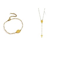 Ensemble de bijoux populaires pour filles, collier et bracelet avec pendentif mini croix délicat, chaîne à maillons en O, acier inoxydable pour un usage quotidien TGXL14717