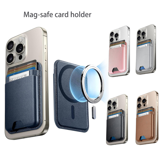 PU Leather MagSafe Wallet Stand Magnetic Card Holder for IPhone, with 2 Metal Ring Stickers for Android