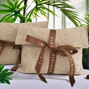 High Grade Beige Linen Packaging Sack, Custom Print <b>Ribbon</b> Bow Envelope Bag , Cosmetics & Wedding Souvenir Favors - Product Image 2