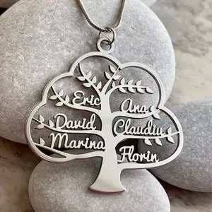 MECYLIFE Custom Family Tree of Life Necklace Name Pendant Personalized Jewelry for Women Gift Stainless Steel Chain Family Names