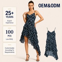Robe nuisette personnalisée pour femme, d'été, à bretelles spaghetti, col en V, ourlet asymétrique, motif floral marine à volants, OEM ODM, vente en gros, faible MOQ