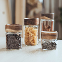 Accessoires de Cuisine Bocaux de Rangement en Verre Borosilicaté Qualité Alimentaire Type Fileté avec Couvercle en Bois d'Acacia Hermétique pour Épices