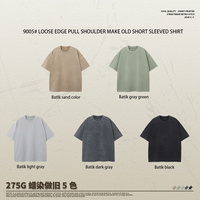 Kaos Pria O-Neck Lengan Pendek 2025 Vintage Washed Solid Loose Trendy Brand Heavy Shoulder Kasual 100% Katun Jersey Polos