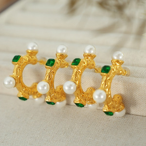 Geometric Huggie <b>Earrings</b> Gold With <b>Green</b> Stones And Pearls For Party Wear - Product Image 1