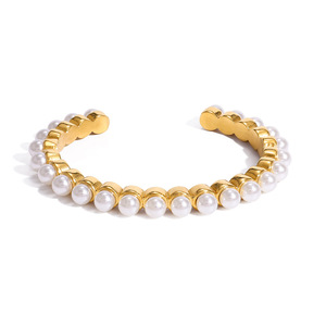 Pearl Bracelet Women Gold Tone White Pearl Bezel Setting Open Cuff Everyday Wear Jewelry - Product Image 5