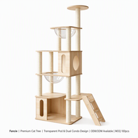 Arbre à chat moderne et écologique certifié FSC avec cabane transparente en acrylique, double logement, structure en bois de bouleau massif, niveaux multiples en sisal