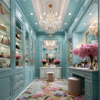 Système de dressing moderne bleu avec miroir en verre, armoire et coiffeuse sur mesure, mobilier de luxe pour manoir