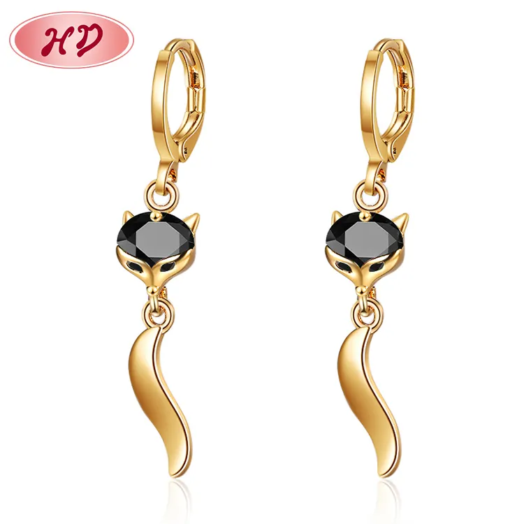 high quality fashion jewelry wholesale fox tail dangling cubic zirconia 18 karat gold plated brass cz long drop earrings
