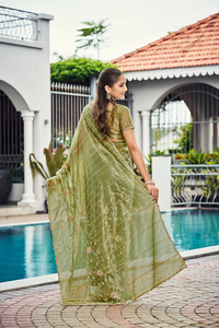 Sari en satin élégant avec des embellissements de perles complexes, tenue ethnique stylée pour mariage, anniversaire, réception - Product Image 3