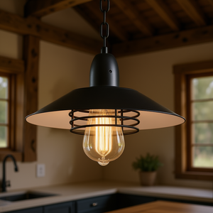 Lampe suspendue vintage style ferme, métal noir, E27, industrielle, pour cuisine et salon, forme cloche, avec ressort réglable - Product Image 2