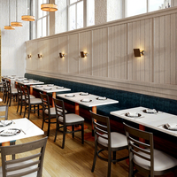 Meubles de café, de restaurant et de salon modernes, canapé en cuir gris en forme de L, tables carrées en marbre et ensemble de chaises en bois
