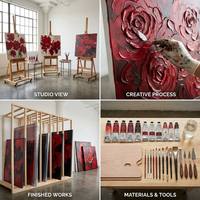 Peinture à l'huile sur toile peinte à la main, sur mesure, grande taille, rouge et bleu, texture épaisse, couteau à palette, rose abstraite pour décoration de bureau