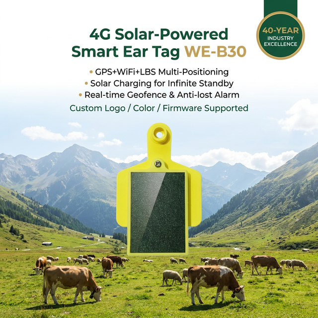 WES Solar 4G GPS Ear Tag WE-B30 Smart Livestock Tracker IP65 7-Day Standby for Cattle Cow Sheep Ranch Management System