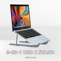 Support portable en alliage d'aluminium pour téléphone portable et tablette, multifonction 8 en 1, hub USB-C, HD 4K, USB 3.1, support réglable pour ordinateur portable
