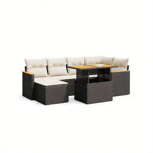 Ensemble de canapés de jardin noir et crème, meubles en rotin d'extérieur avec coussins en mousse haute densité, design contemporain imperméable - Product Image 1