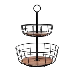 Panier en fil de fer à deux niveaux, aspect traditionnel, finition noire thermolaquée, pour organiser les produits alimentaires à bas prix - Product Image 1