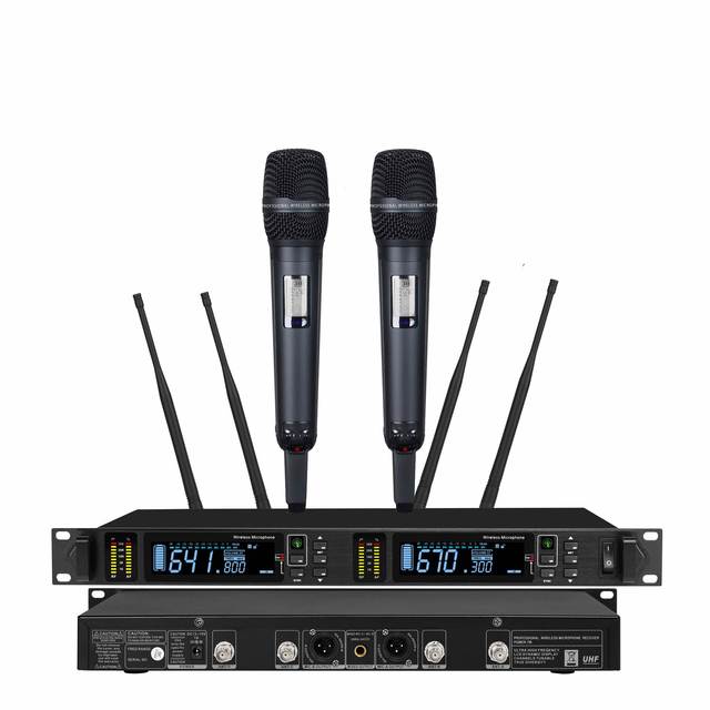 JY-U202 True Diversity Wireless Microphone System Professional Dual Handheld Mic Set DPLL 200 Channels for Stage Karaoke Church