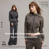 Hoodie Crop Slim Fit Wanita dengan Ritsleting, Lapisan Fleece 400G, Hoodie Lepas Pasang, Gaya Vintage, Jaket Sweat Street Style, Tersedia Custom