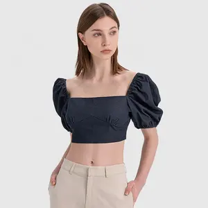 From Attitude Women Square Neck Backless Short Puff Sleeve Crop Top Lace Up Mini Blouse