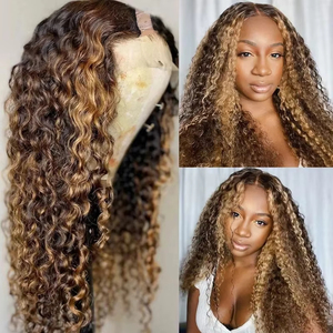 Highlights Blonde Full <span class=keywords><strong>Afro</strong></span> Women <span class=keywords><strong>3C</strong></span> 3A Kinky Curly Cabello humano Pelucas en forma de U con clips Castaño Marrón V Parte Pelucas 250% Densidad - Product Image 3