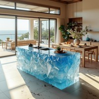 Table à manger/à café moderne minimaliste haut de gamme transparente illuminée en cristal de glace avec plateau en résine lumineuse pour salon ou comptoir de bar