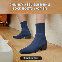 Bottines mi-mollet en tricot extensible style rétro pour femme, à bout pointu, talon carré, semelle en caoutchouc antidérapante, à enfiler, élastiques, chaussures de mode